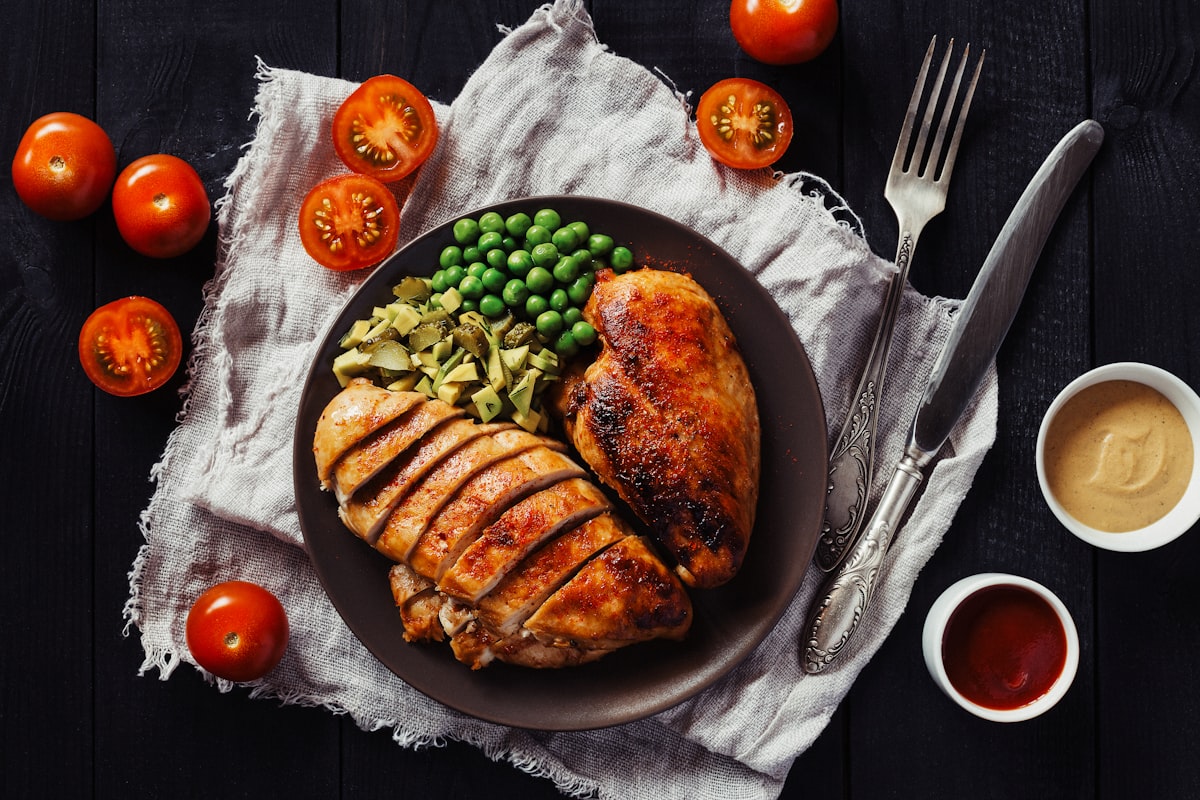 Salmon dinner plate with vegetables and sweet potato